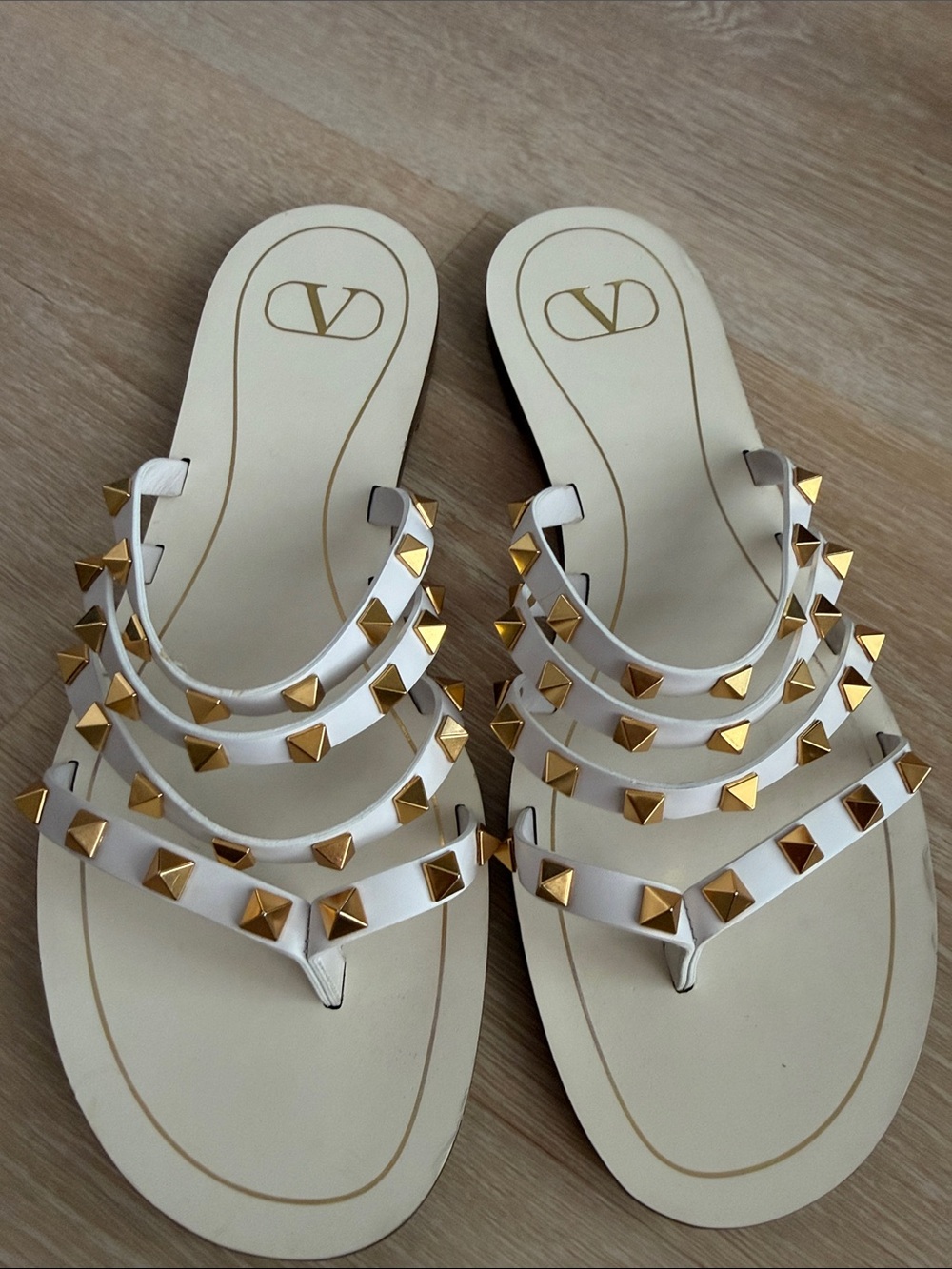 Valentino White Leather Gold-Stud Multi-Strap Sandals